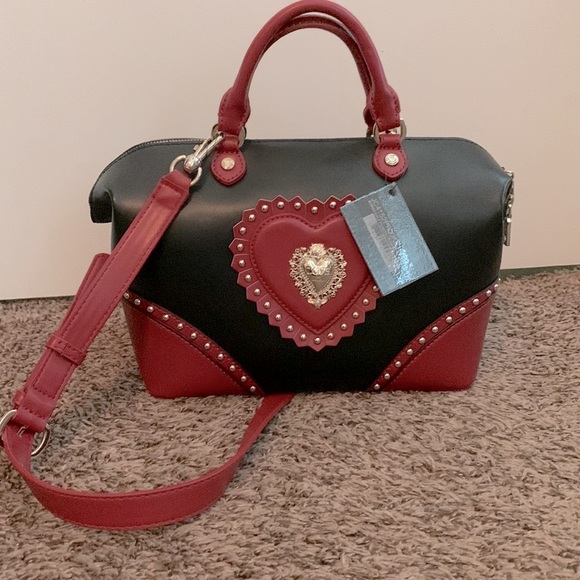 Love Moschino red and black studded leather satchel purse with logo - Picture 2 of 9